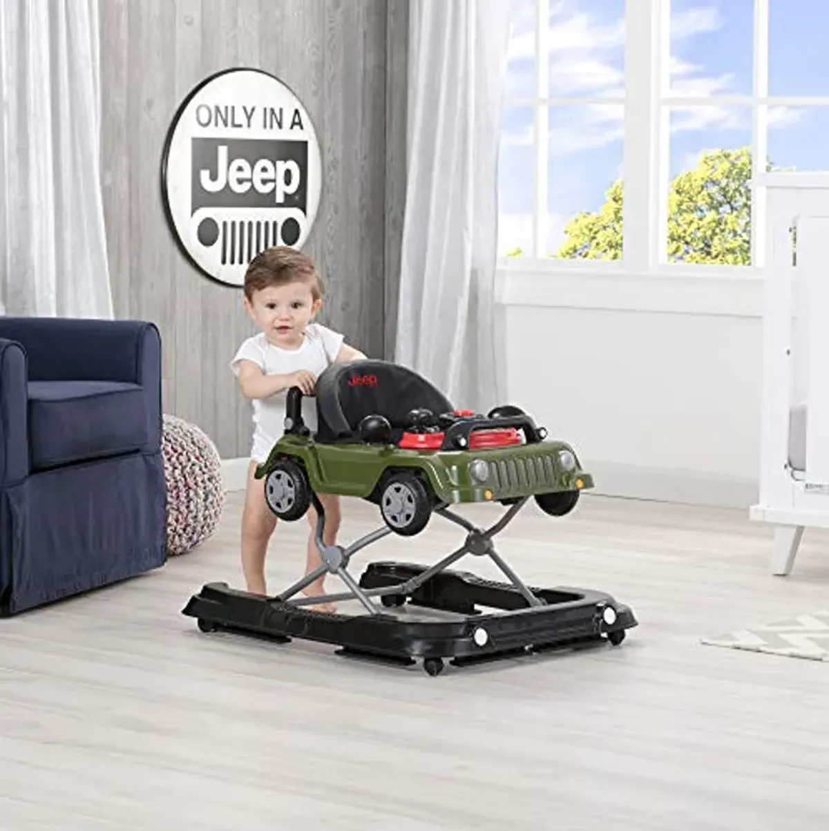 Jeep Classic Wrangler 3-in-1 Grow With Me Activity Walker - Features Music, Lights, Removable Play Tray, Push Walker Mode, Converts into Rolling Car Toy, Anniversary Green