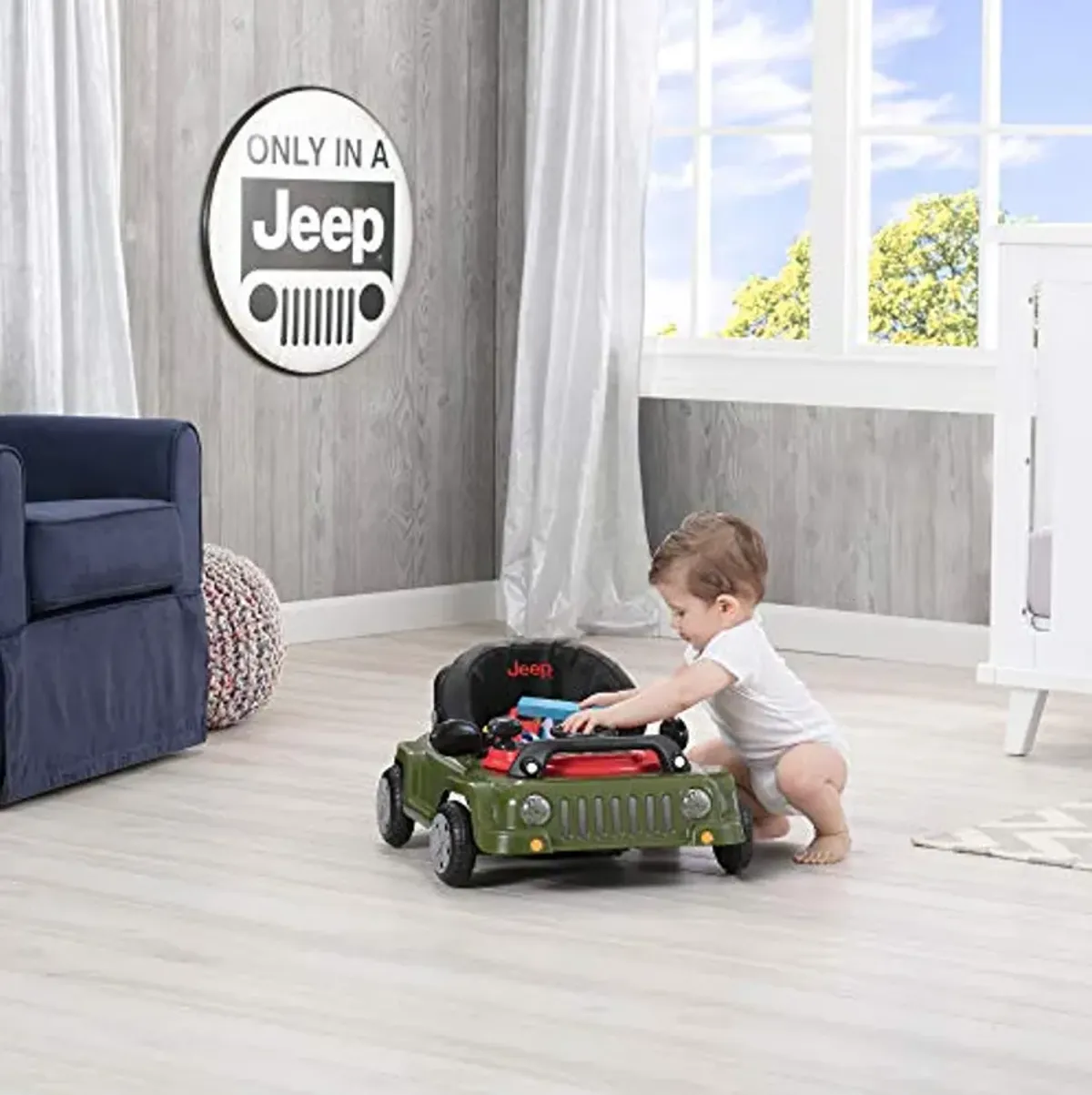 Jeep Classic Wrangler 3-in-1 Grow With Me Activity Walker - Features Music, Lights, Removable Play Tray, Push Walker Mode, Converts into Rolling Car Toy, Anniversary Green