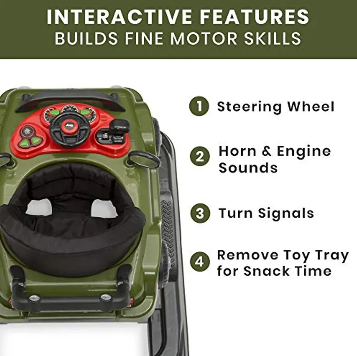 Jeep Classic Wrangler 3-in-1 Grow With Me Activity Walker - Features Music, Lights, Removable Play Tray, Push Walker Mode, Converts into Rolling Car Toy, Anniversary Green