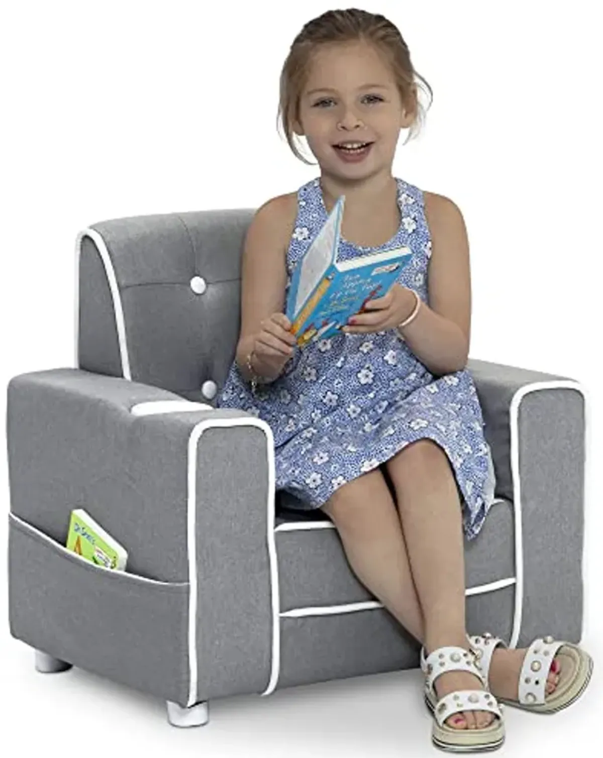 Delta Children Chelsea Kids Upholstered Chair with Cup Holder, Soft Grey