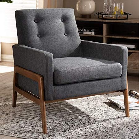 Baxton Studio Perris Upholstered Lounge Chair in Dark Grey and Walnut