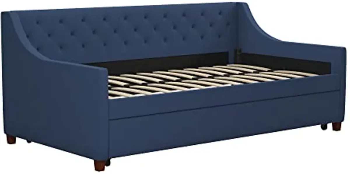 Novogratz Her Majesty Upholstered Daybed with Trundle, Twin Size Frame, Blue Linen