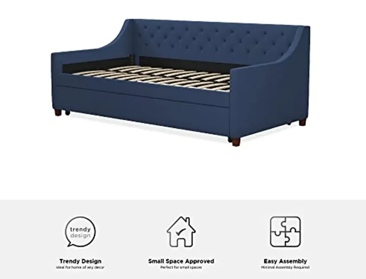 Novogratz Her Majesty Upholstered Daybed with Trundle, Twin Size Frame, Blue Linen