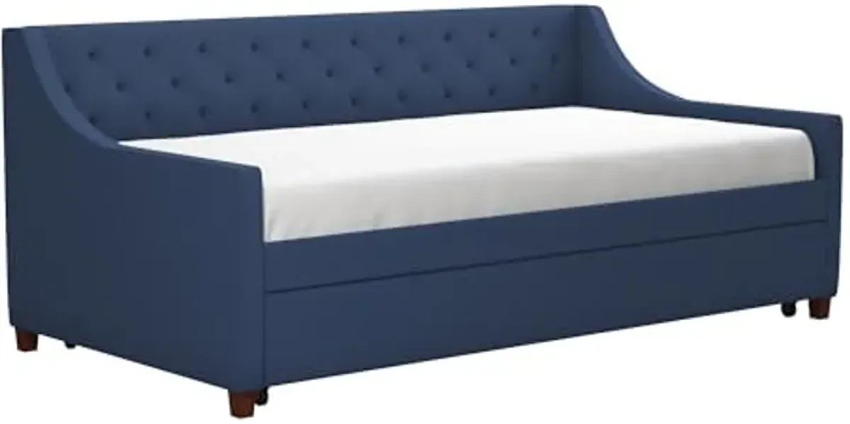 Novogratz Her Majesty Upholstered Daybed with Trundle, Twin Size Frame, Blue Linen