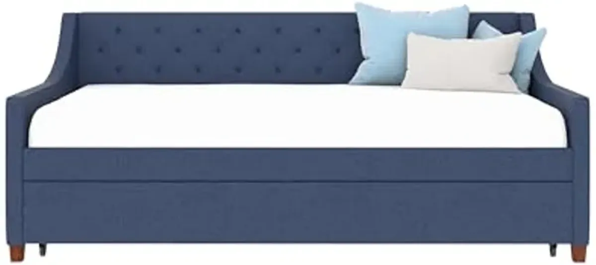 Novogratz Her Majesty Upholstered Daybed with Trundle, Twin Size Frame, Blue Linen