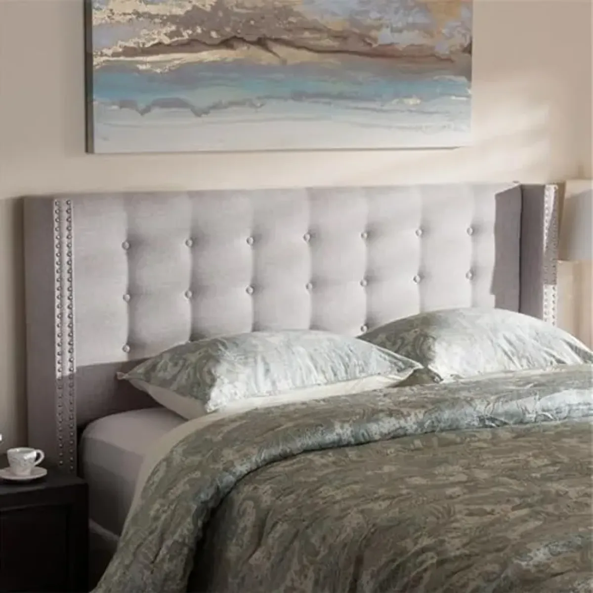 Baxton Studio Ginaro Queen Winged Panel Headboard in Grayish Beige