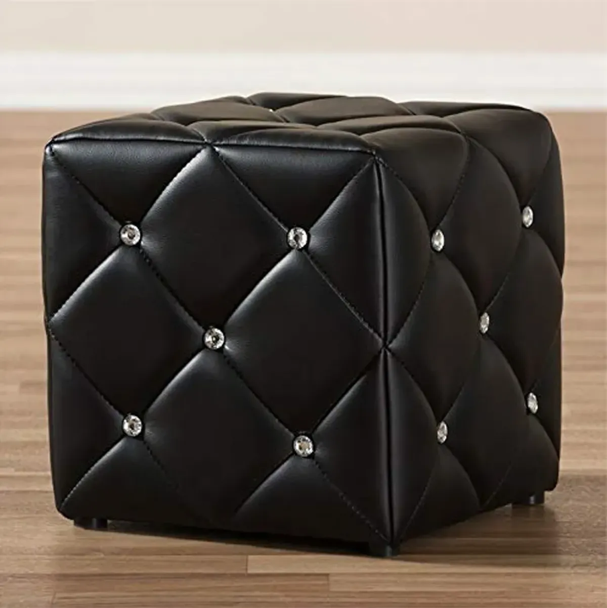 Baxton Studio Stacey 14" Square Faux Leather Ottoman in Black