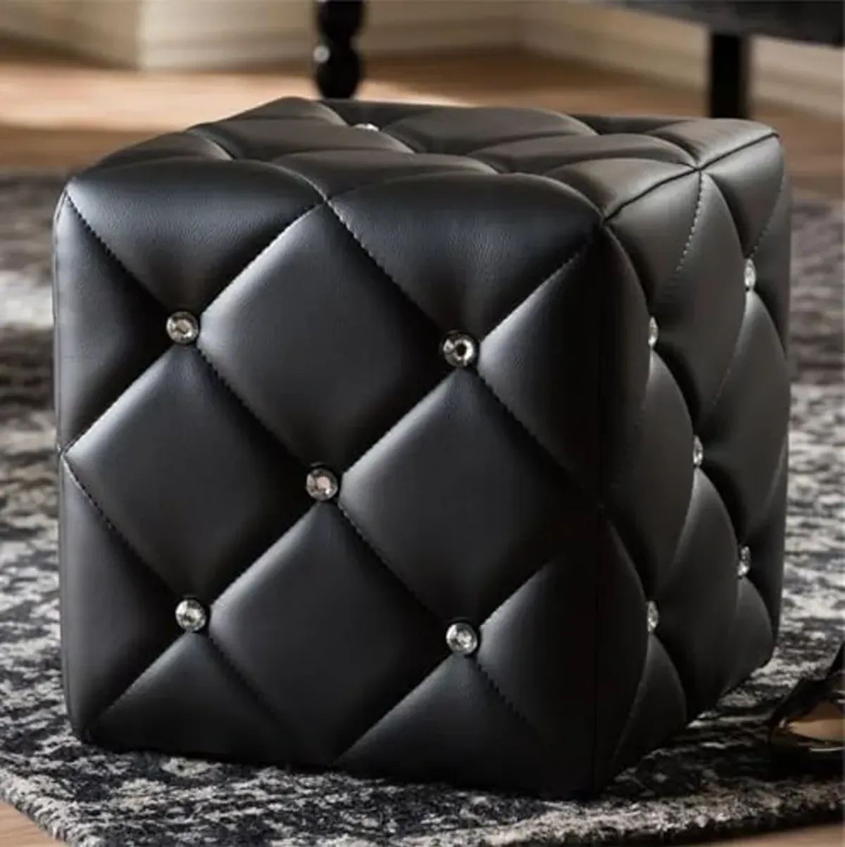 Baxton Studio Stacey 14" Square Faux Leather Ottoman in Black