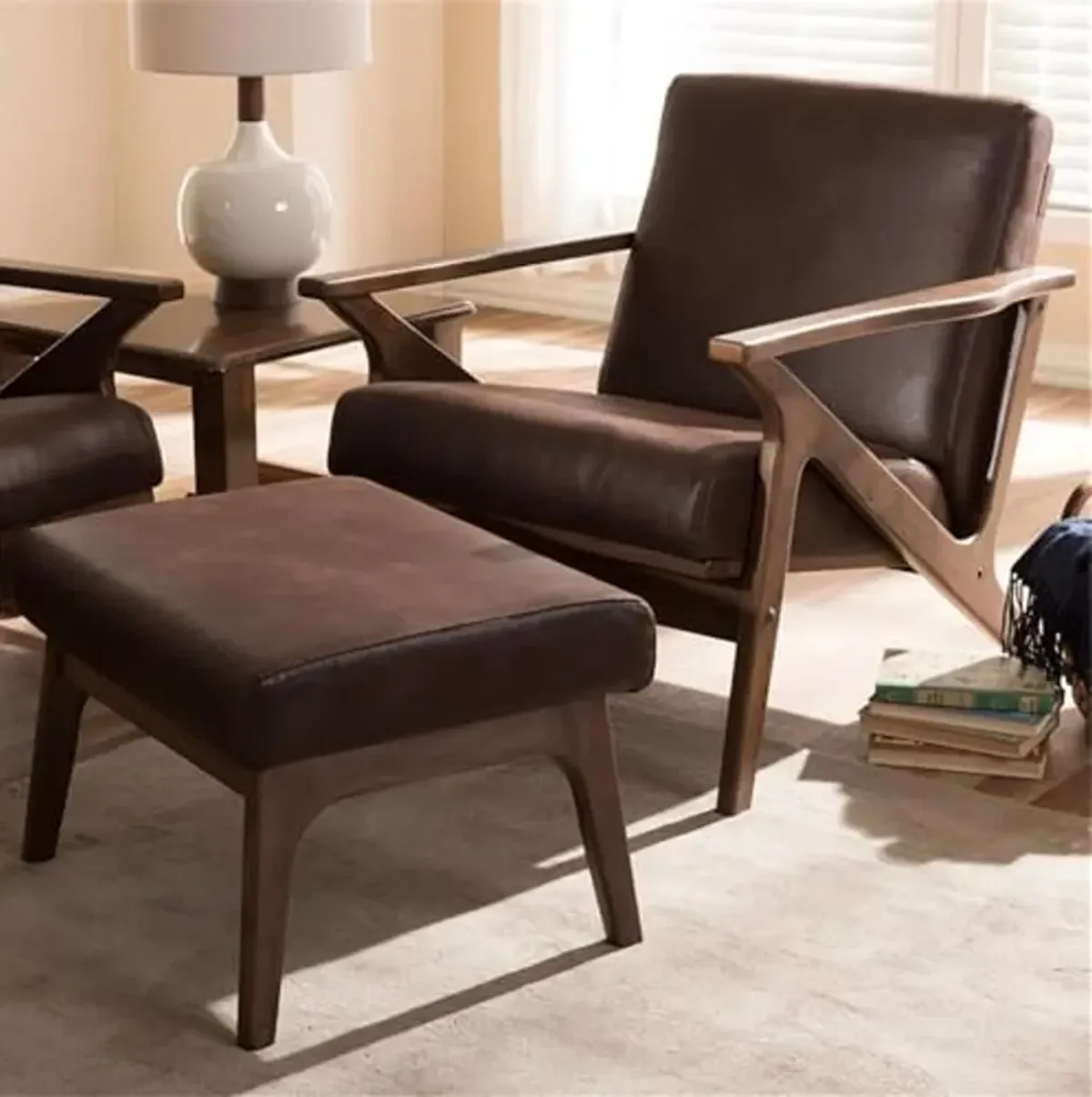 Baxton Studio Bianca Mid-Century Modern Walnut Wood Dark Brown Distressed Faux Leather Lounge Chair And Ottoman Set