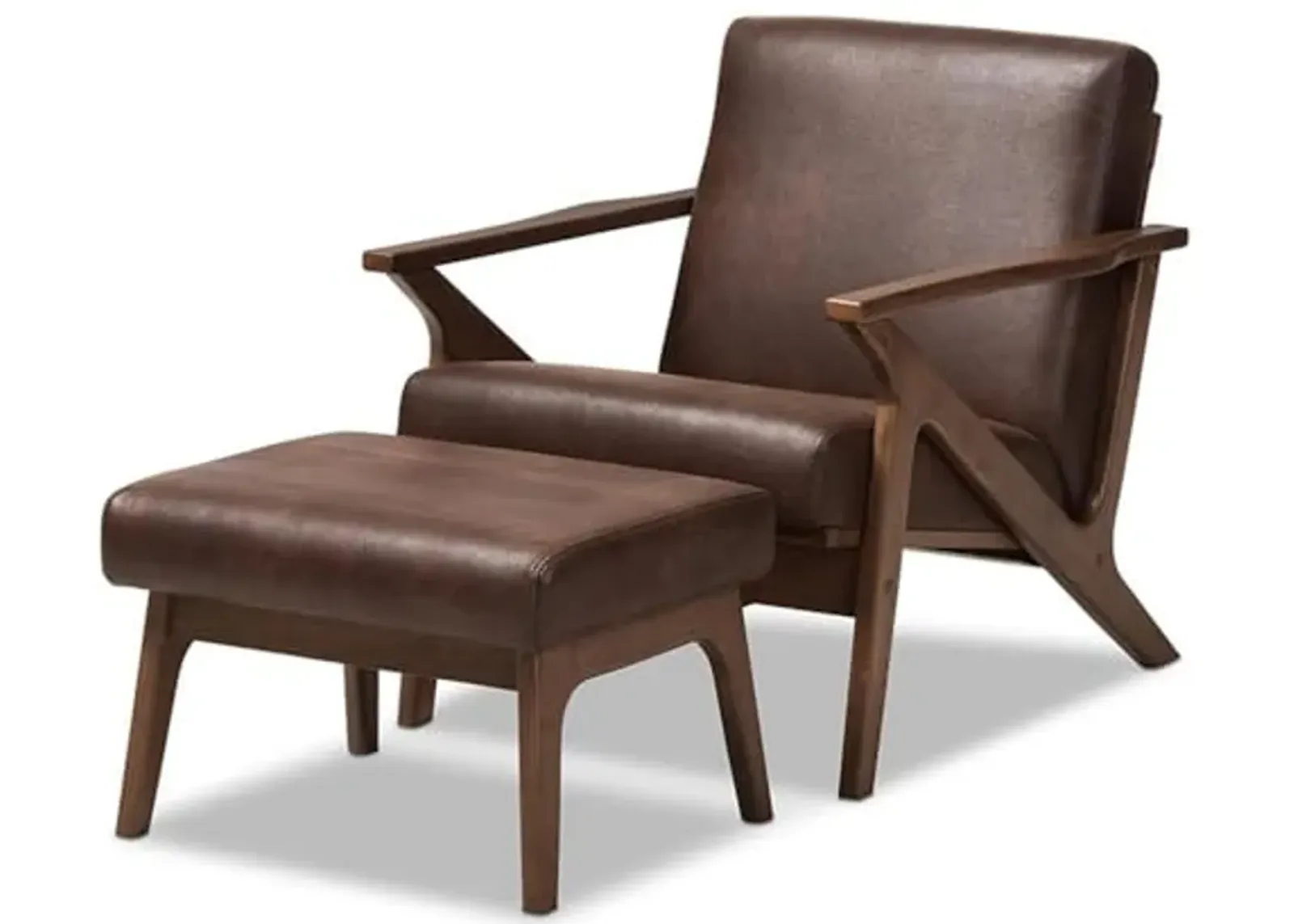 Baxton Studio Bianca Mid-Century Modern Walnut Wood Dark Brown Distressed Faux Leather Lounge Chair And Ottoman Set