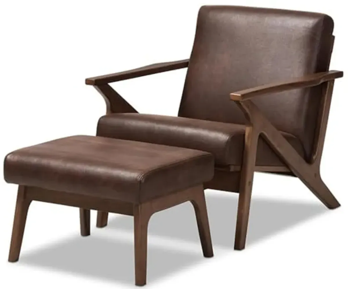 Baxton Studio Bianca Mid-Century Modern Walnut Wood Dark Brown Distressed Faux Leather Lounge Chair And Ottoman Set