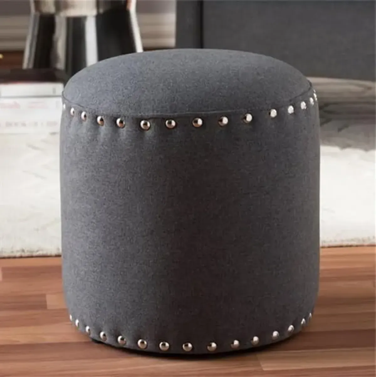 Baxton Studio Rosine 14" Round Pouf in Dark Gray