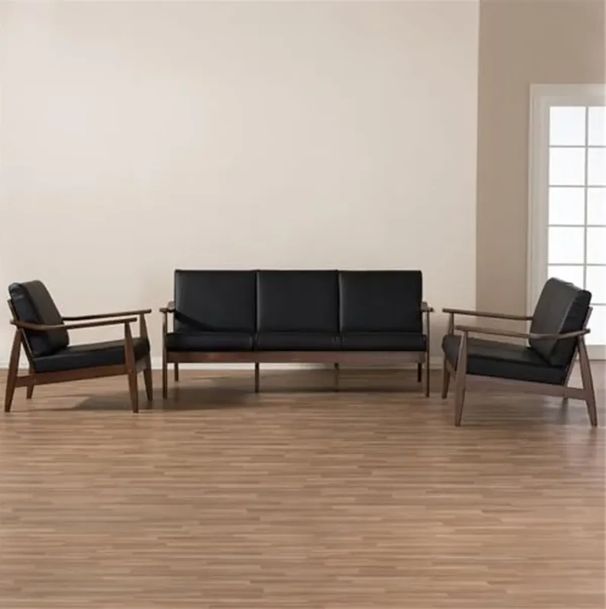 Baxton Studio Venza 3 Piece Upholstered Sofa Set in Black and Brown