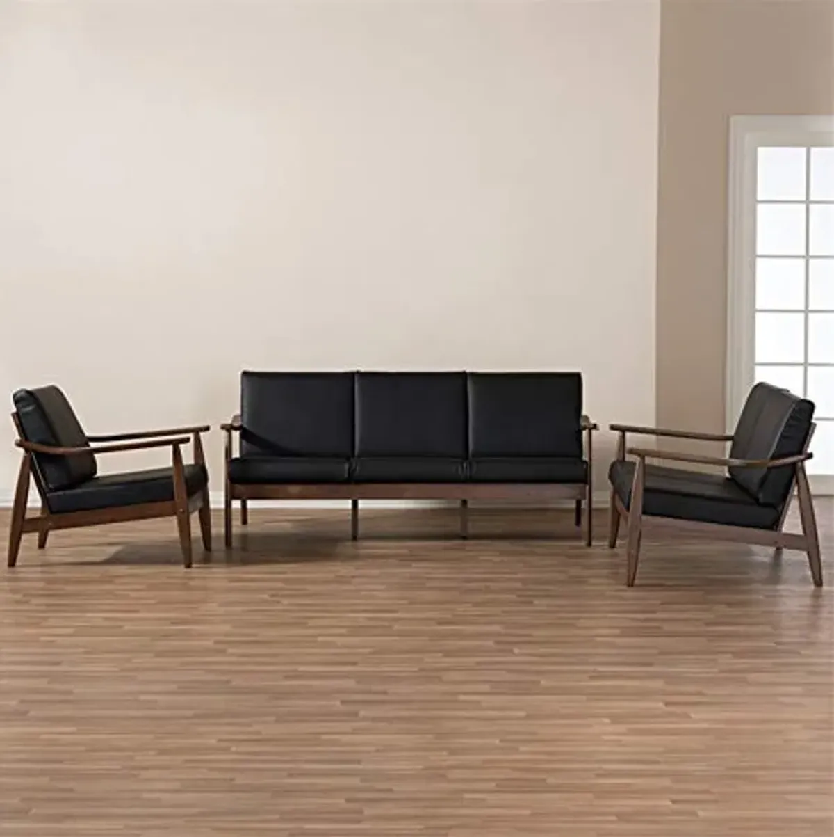 Baxton Studio Venza 3 Piece Upholstered Sofa Set in Black and Brown