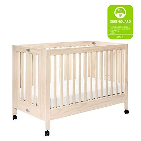 Babyletto Maki Full-Size 2-in-1 Portable Folding Crib with Toddler Bed Conversion Kit in Washed Natural, Greenguard Gold Certified