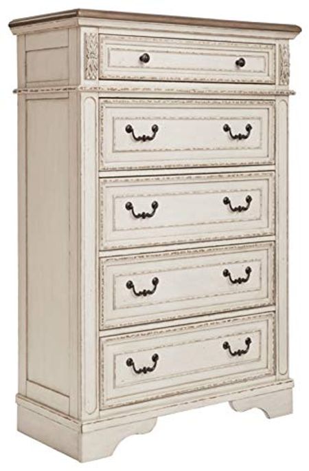 Signature Design by Ashley Realyn French Country Two Tone 5 Drawer Chest of Drawers, 18.25"D x 40.25"W x 58.25"H, Chipped White