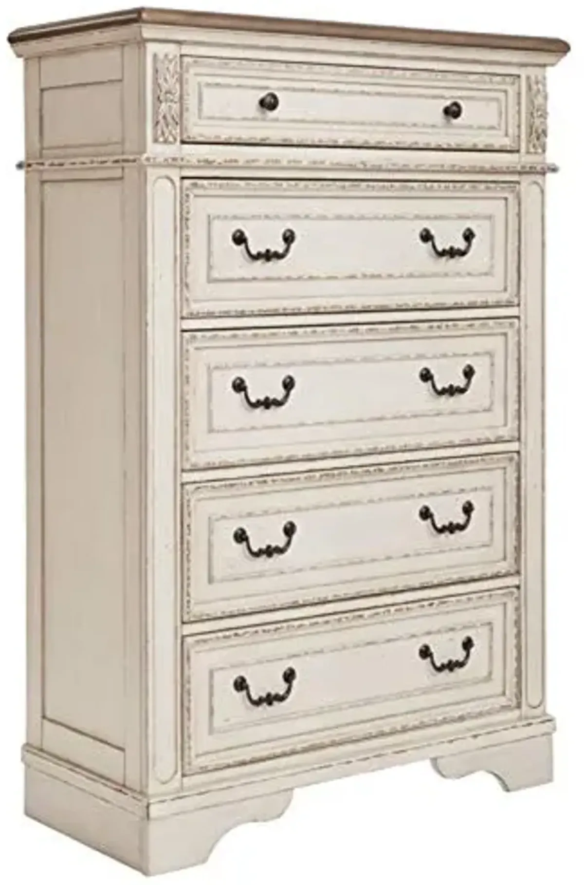 Signature Design by Ashley Realyn French Country 5 Drawer Chest, Tipover Restraint Device, 2-tone Finish, Wood, 40.13" W x 18.13" D x 58.13" H, Chipped White