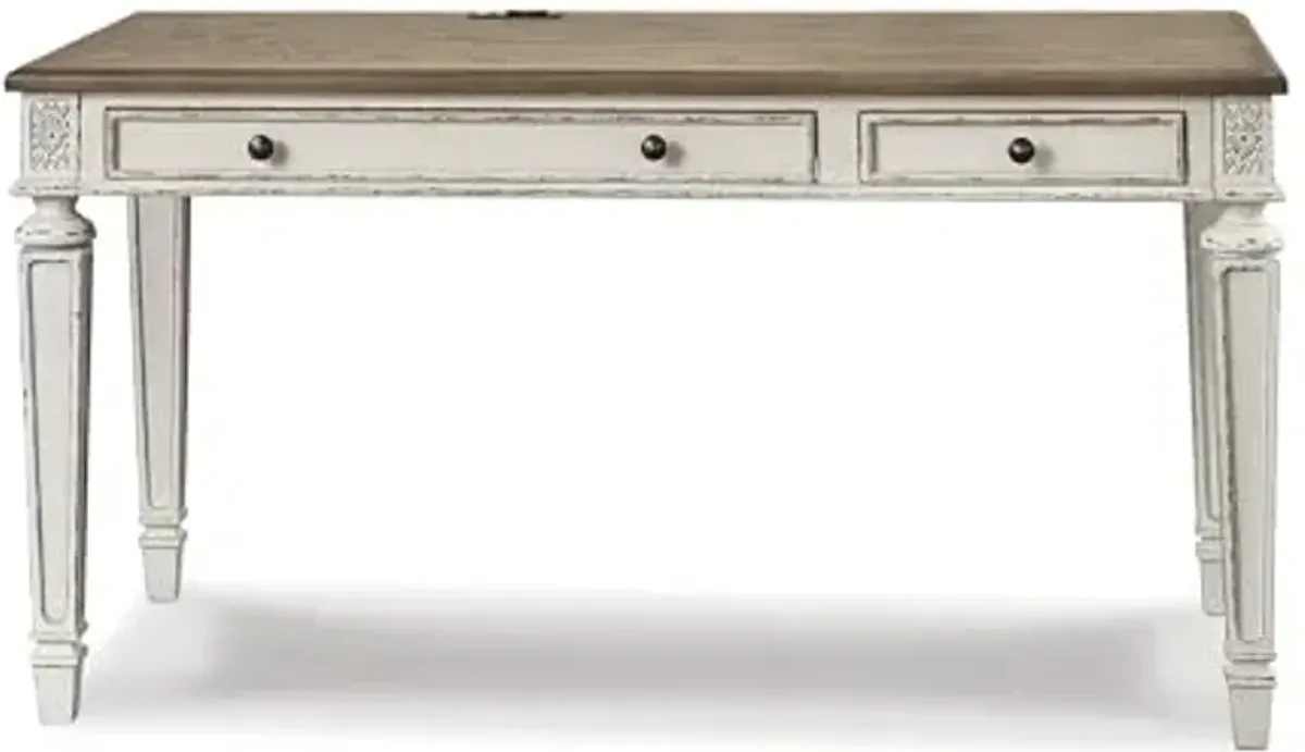 Signature Design by Ashley Realyn Farmhouse 60" Home Office Desk with USB Charging, Chipped White