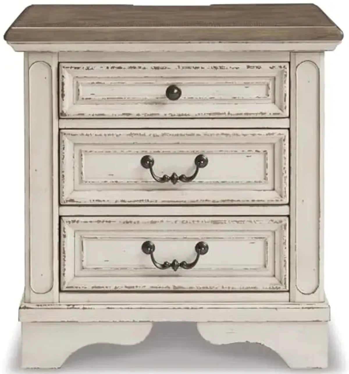 Signature Design by Ashley Realyn French Country 3 Drawer Nightstand with Electrical Outlets & USB Ports, 27.75" Tall, Chipped White