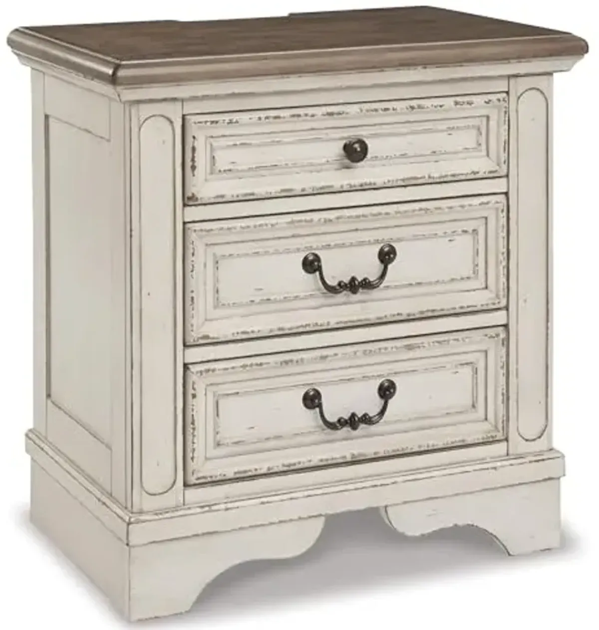 Signature Design by Ashley Realyn French Country 3 Drawer Nightstand with Electrical Outlets & USB Ports, 27.75" Tall, Chipped White