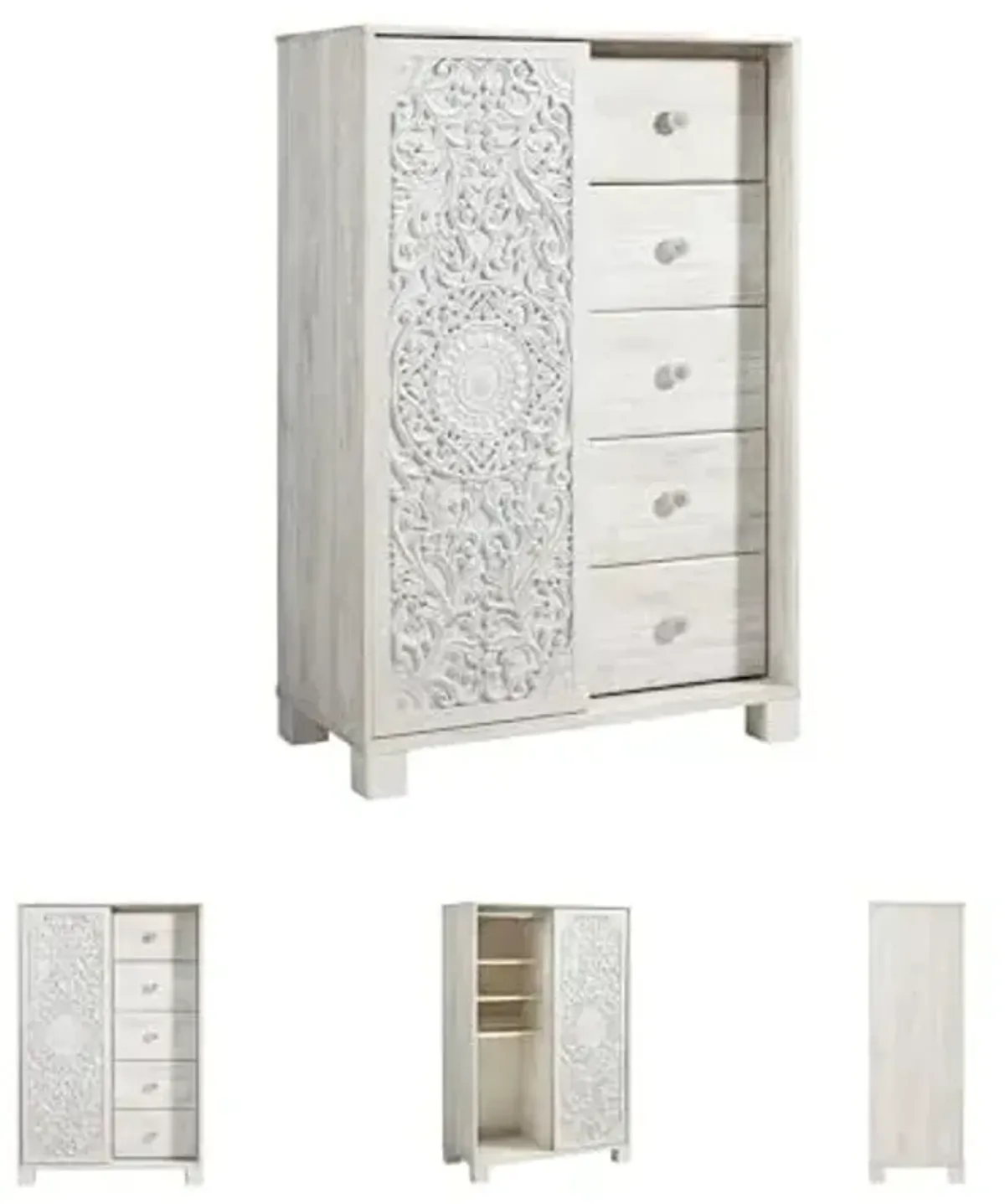 Signature Design by Ashley Paxberry Boho 5 Drawer Dressing Chest with Slider Door & 3 Adjustable Shelves, Whitewash