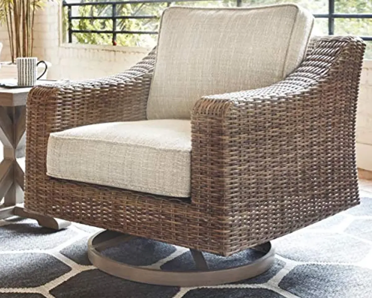 Signature Design by Ashley Beachcroft Outdoor Swivel Wicker Patio Lounge Chair, Beige