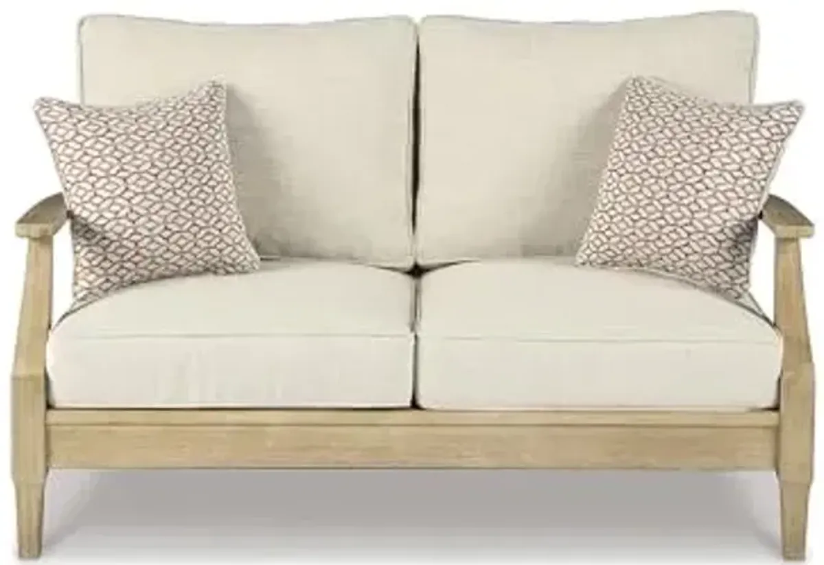 Signature Design by Ashley Clare View Coastal Outdoor Loveseat, Cushioned with Nuvella Fabric, Protective Finish, Eucalyptus Wood, 55.5" W x 35" D x 32" H, Beige