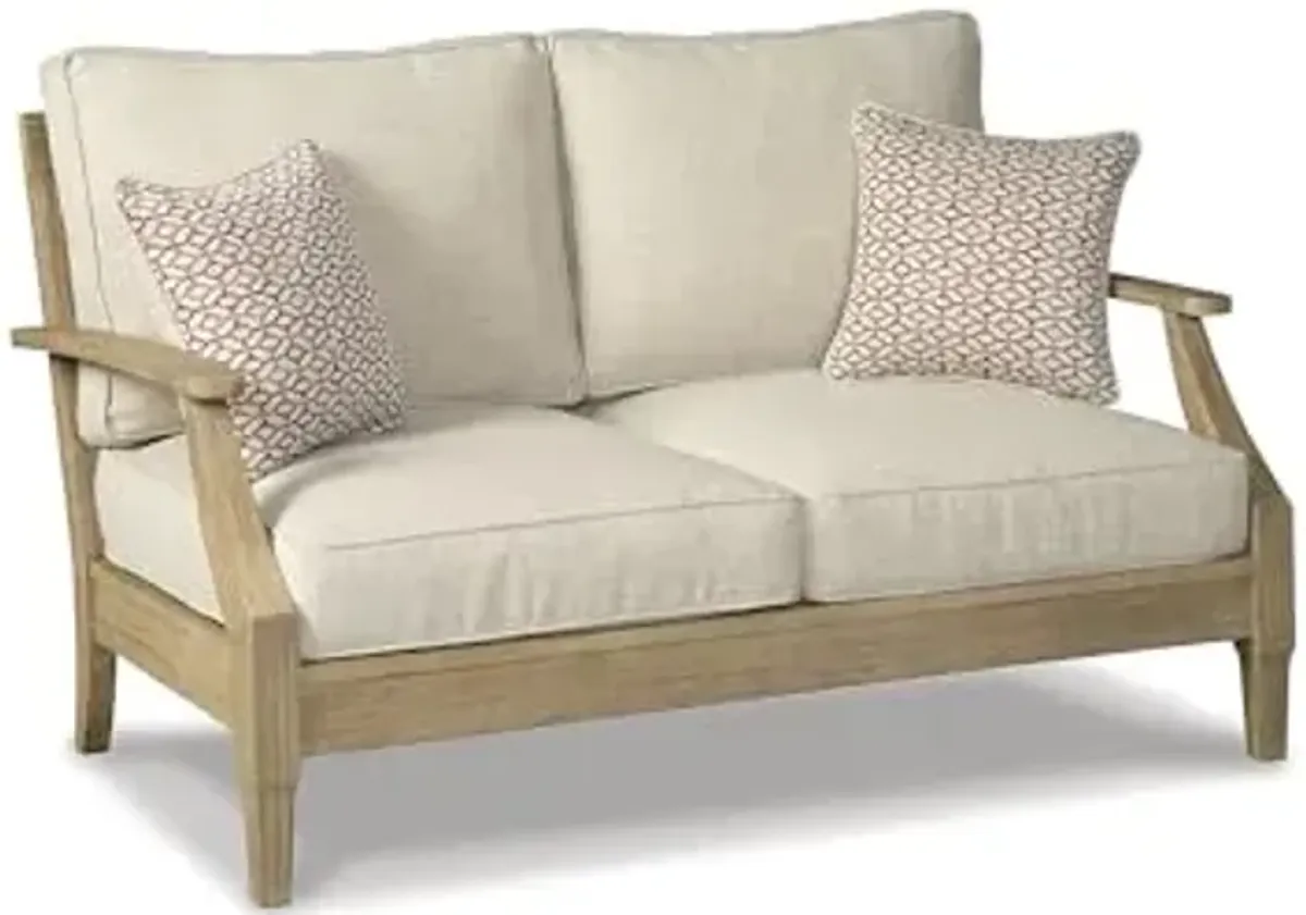 Signature Design by Ashley Clare View Coastal Outdoor Loveseat, Cushioned with Nuvella Fabric, Protective Finish, Eucalyptus Wood, 55.5" W x 35" D x 32" H, Beige