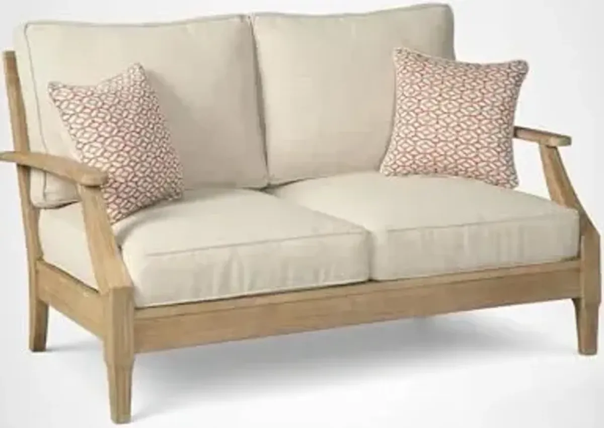 Signature Design by Ashley Clare View Coastal Outdoor Loveseat, Cushioned with Nuvella Fabric, Protective Finish, Eucalyptus Wood, 55.5" W x 35" D x 32" H, Beige