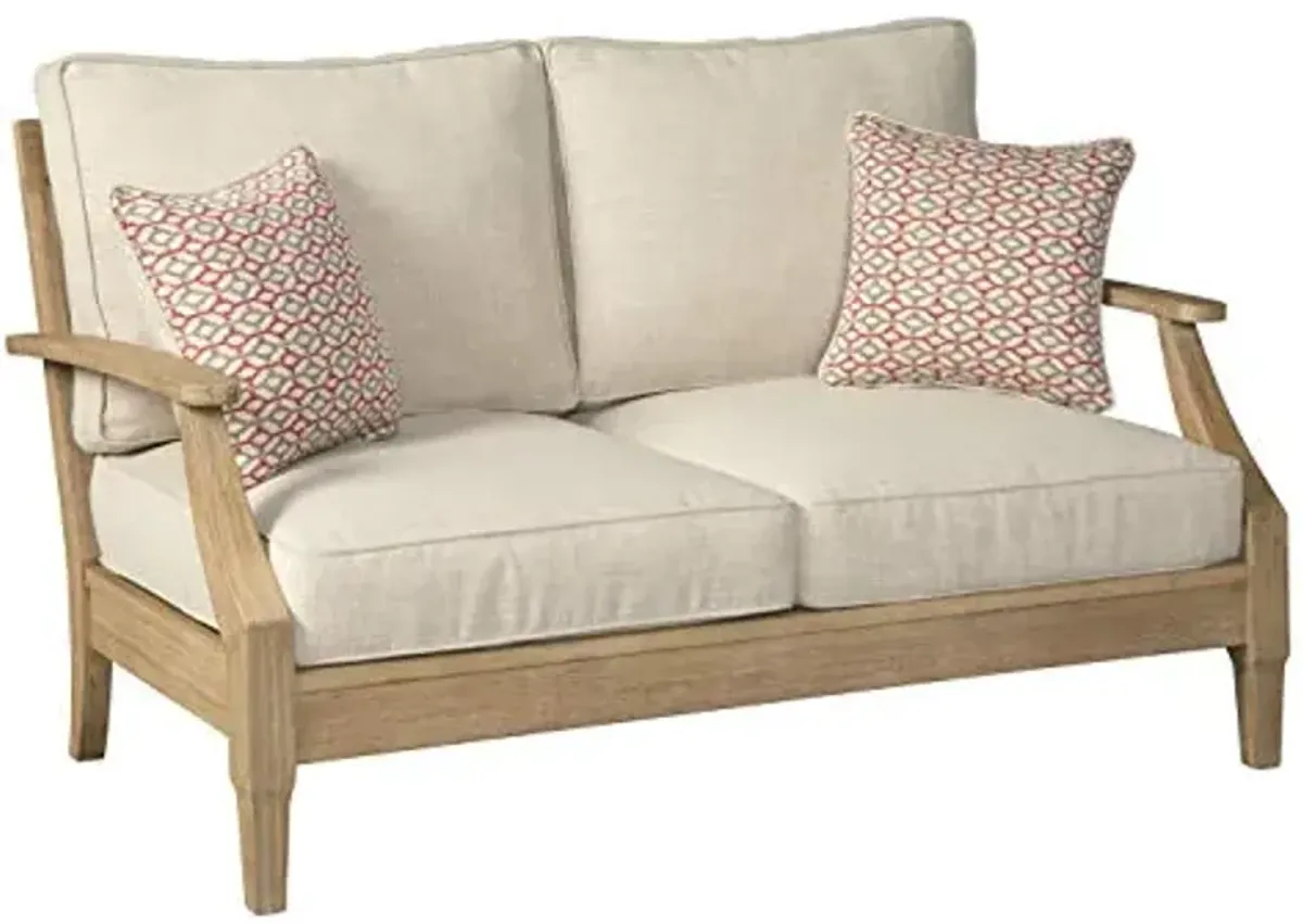 Signature Design by Ashley Clare View Coastal Outdoor Loveseat, Cushioned with Nuvella Fabric, Protective Finish, Eucalyptus Wood, 55.5" W x 35" D x 32" H, Beige