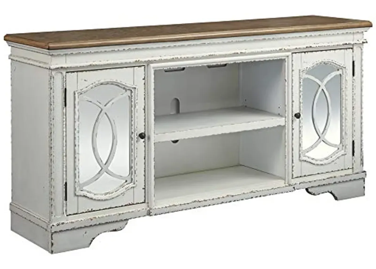 Signature Design by Ashley Realyn Farmhouse TV Stand with Fireplace Option Fits TVs up to 72", 2 Cabinet Doors and Adjustable Storage Shelf, White & Rustic Brown