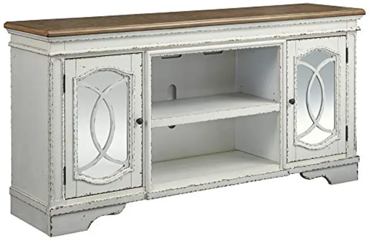 Signature Design by Ashley Realyn Farmhouse TV Stand with Fireplace Option Fits TVs up to 72", 2 Cabinet Doors and Adjustable Storage Shelf, White & Rustic Brown