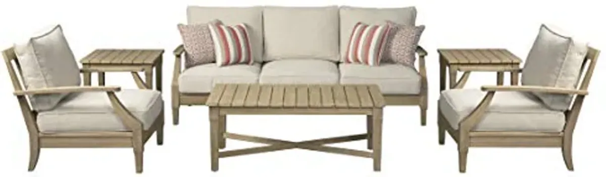 Signature Design by Ashley Clare View Outdoor Eucalyptus Wood Single Cushioned Lounge Chair, Beige