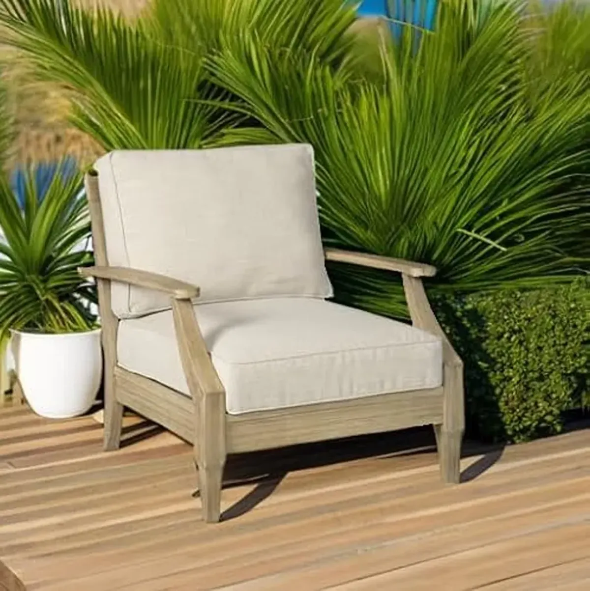 Signature Design by Ashley Clare View Outdoor Eucalyptus Wood Single Cushioned Lounge Chair, Beige