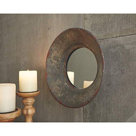 Signature Design by Ashley Carine Urban 12.25" Round Accent Mirror with Distressed Rust, Dark Gray