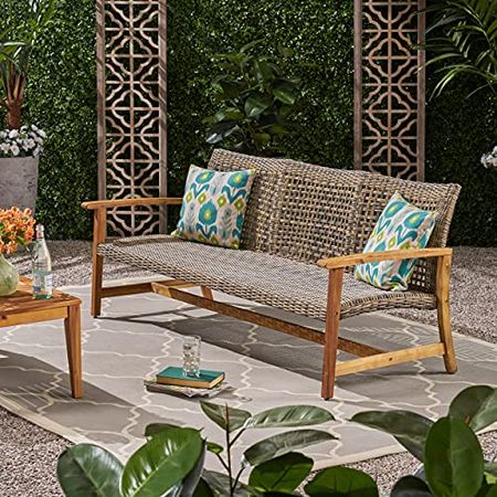 Christopher Knight Home Marcia Outdoor Wood Sofa, Wicker, 75.50 x 31.00 x 31.50, Gray, Natural Stained Finish