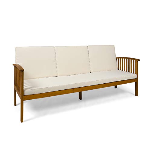 Christopher Knight Home Breenda Outdoor Acacia Wood Sofa with Cushions, Teak Finish, Cream