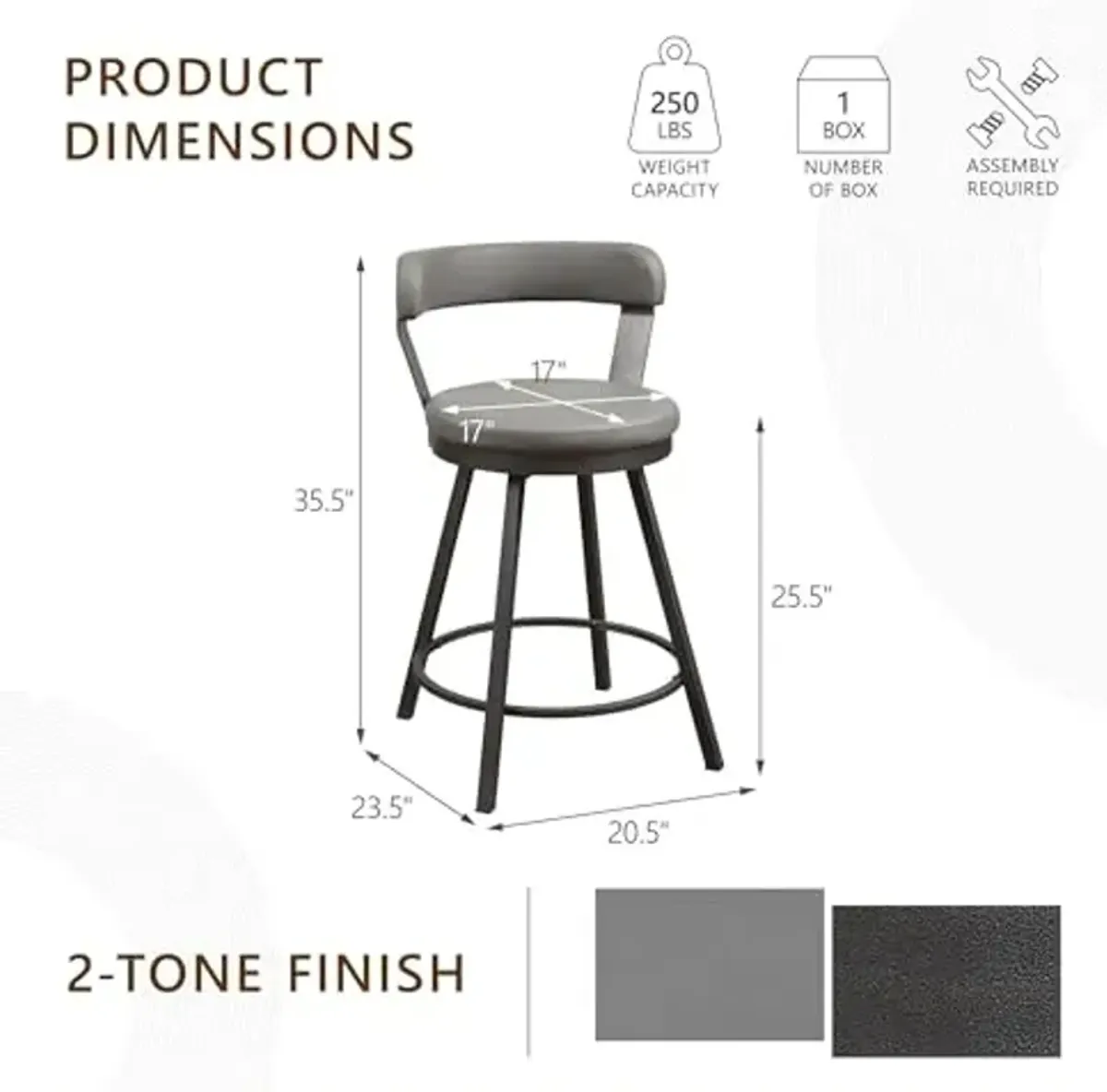 Homelegance Appert Swivel Bar Stools, Upholstered Faux Leather Seat, Back, Metal Frame, Legs, Footrest Counter Height Chair (Set of 2), 25 in SH, Gray