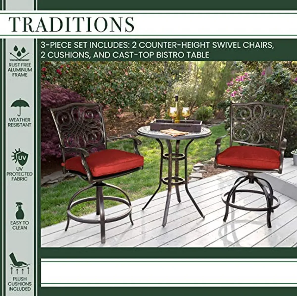 Hanover Traditions 3-Piece High-Dining Patio Table and Chairs Set with Rust Resistant 30'' Round Dining Table and 2 Swivel Rocker Chairs with Plush Weather Resistant Red Cushions, Outdoor Dining Set