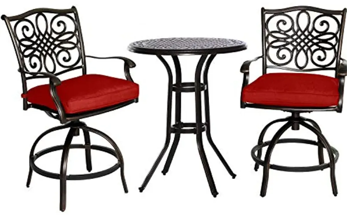 Hanover Traditions 3-Piece High-Dining Patio Table and Chairs Set with Rust Resistant 30'' Round Dining Table and 2 Swivel Rocker Chairs with Plush Weather Resistant Red Cushions, Outdoor Dining Set