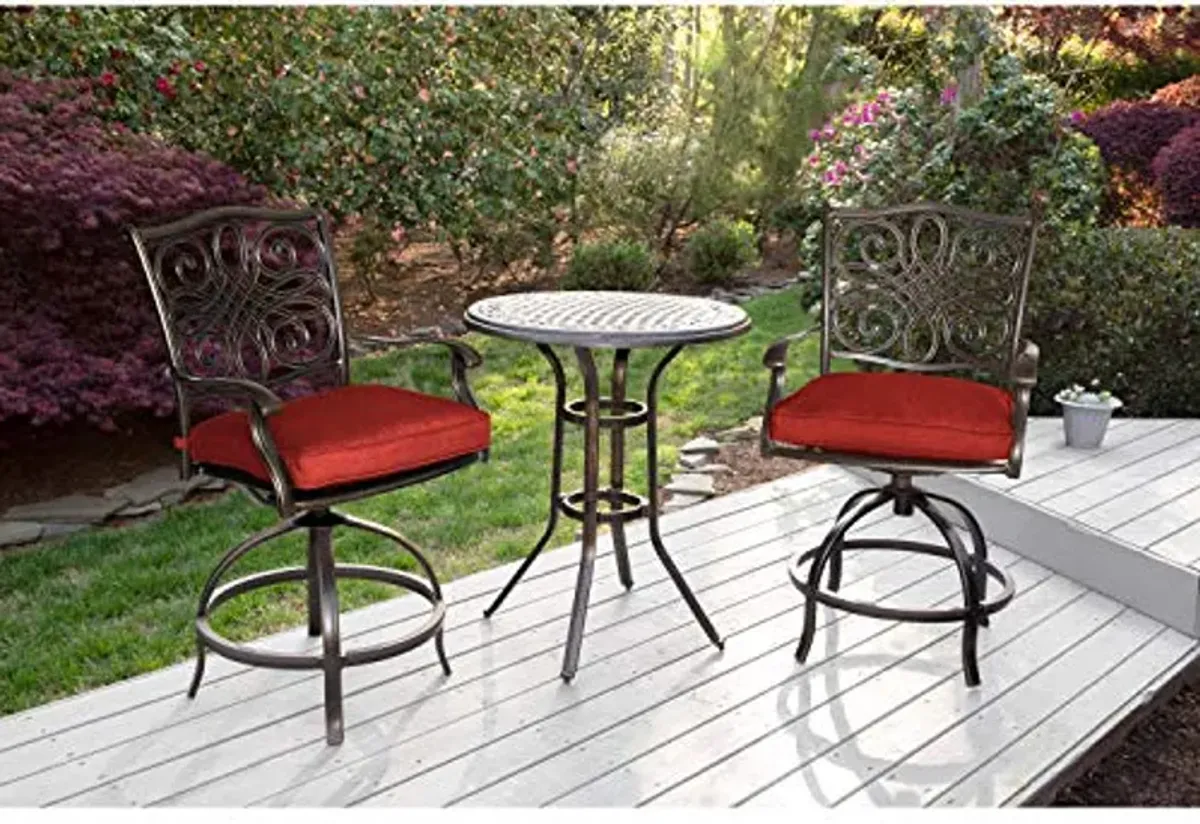 Hanover Traditions 3-Piece High-Dining Patio Table and Chairs Set with Rust Resistant 30'' Round Dining Table and 2 Swivel Rocker Chairs with Plush Weather Resistant Red Cushions, Outdoor Dining Set