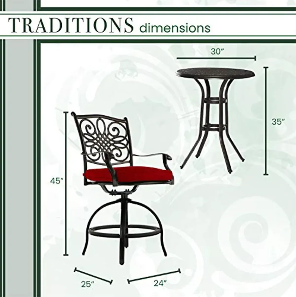 Hanover Traditions 3-Piece High-Dining Patio Table and Chairs Set with Rust Resistant 30'' Round Dining Table and 2 Swivel Rocker Chairs with Plush Weather Resistant Red Cushions, Outdoor Dining Set