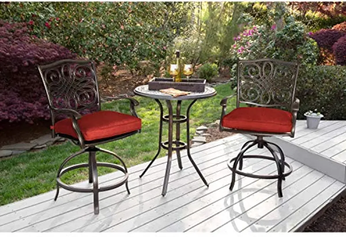 Hanover Traditions 3-Piece High-Dining Patio Table and Chairs Set with Rust Resistant 30'' Round Dining Table and 2 Swivel Rocker Chairs with Plush Weather Resistant Red Cushions, Outdoor Dining Set