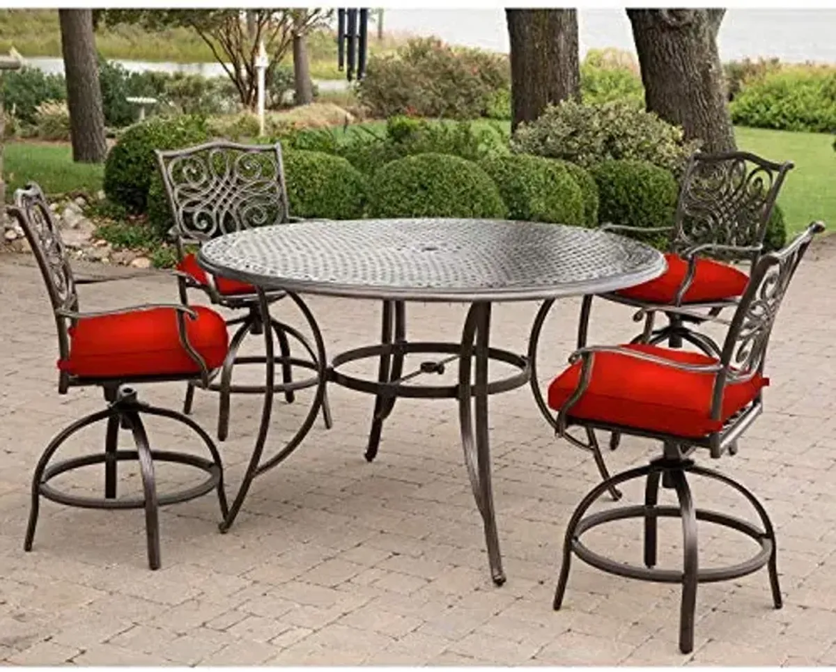 Hanover Traditions 5-Piece Outdoor Dining Set in Red with Four Swivel Chairs and a 56 In. Cast-top Table, Patio Dining Set for 4 for Backyard, Deck, Porch, Patio