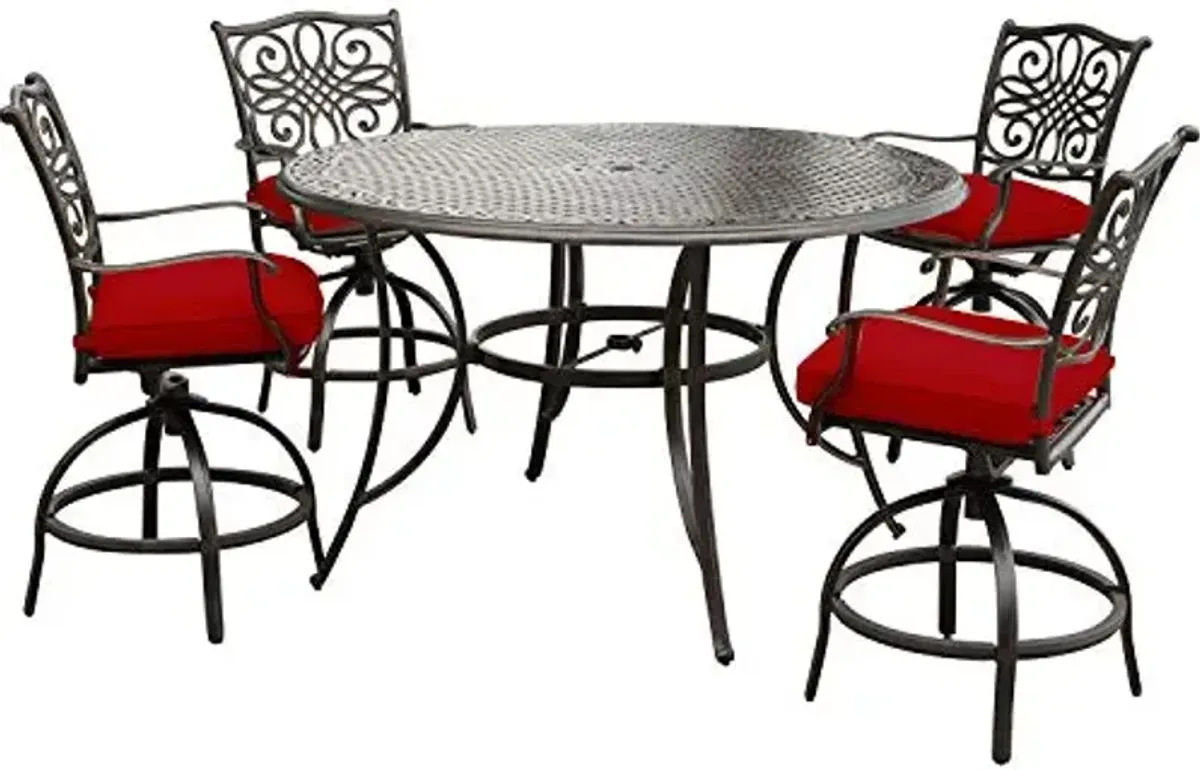 Hanover Traditions 5-Piece Outdoor Dining Set in Red with Four Swivel Chairs and a 56 In. Cast-top Table, Patio Dining Set for 4 for Backyard, Deck, Porch, Patio
