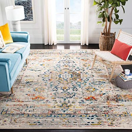 SAFAVIEH Madison Collection 9' x 12' CreamBlue MAD474B Boho Distressed Medallion Non-Shedding Living Room Bedroom Dining Home Office Area Rug