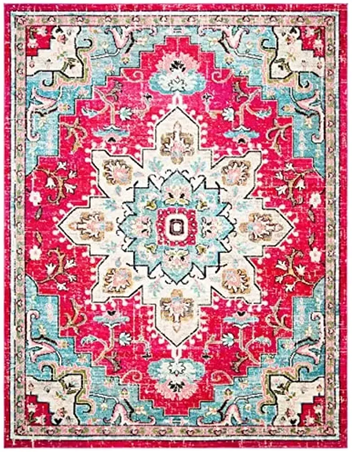 SAFAVIEH Madison Collection Area Rug - 9' x 12', Fuchsia & Blue, Boho Chic Medallion Distressed Design, Non-Shedding & Easy Care, Ideal for High Traffic Areas in Living Room, Bedroom (MAD473A)
