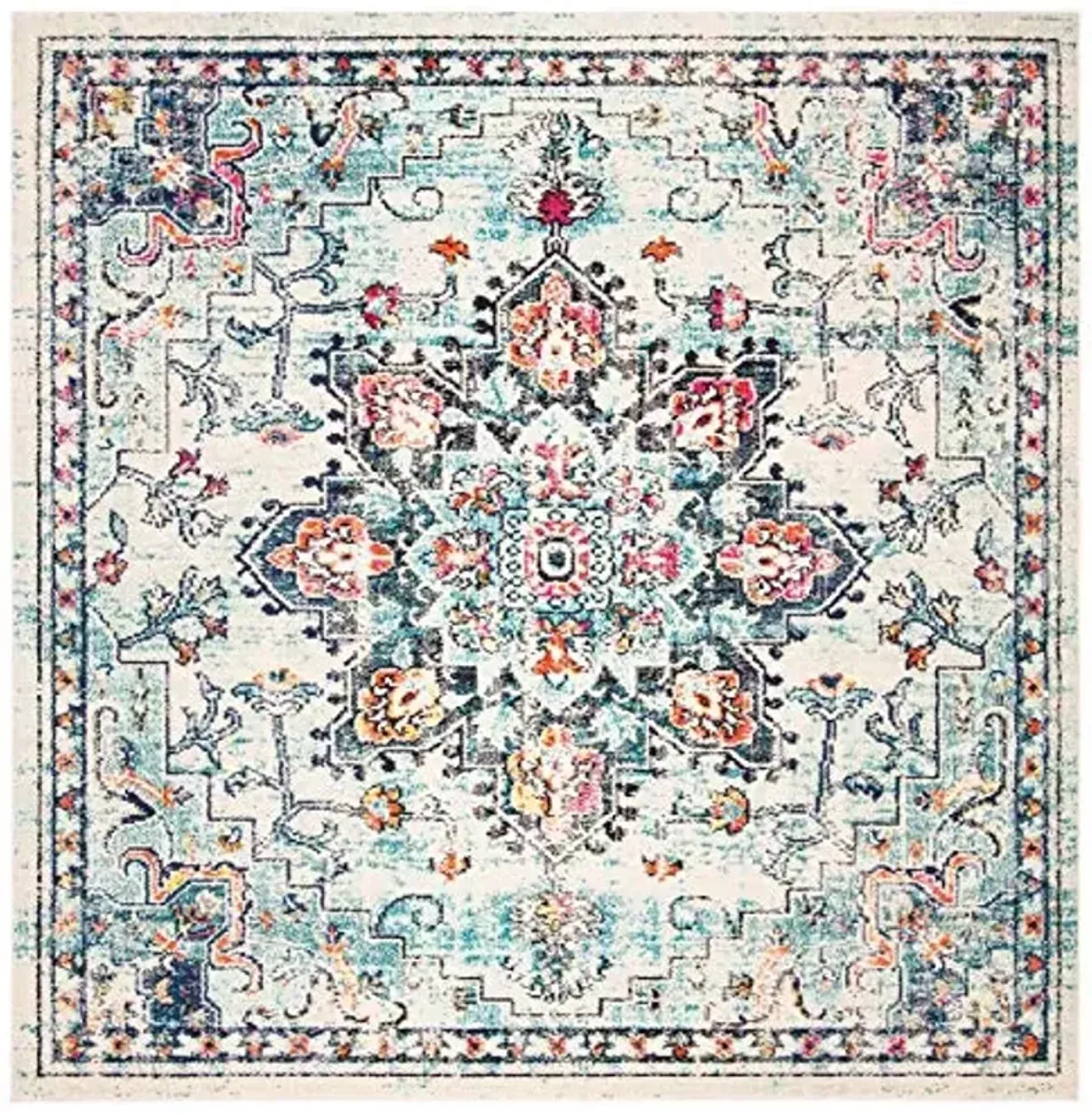SAFAVIEH Madison Collection Area Rug - 6'7" Square, Cream & Blue, Boho Chic Distressed Medallion Design, Non-Shedding & Easy to Clean, Ideal for Living Room, Bedroom, Dining Space (MAD473B)