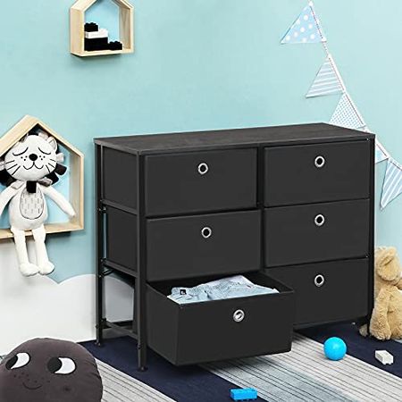 SONGMICS 3-Tier Dresser, Storage Unit with 6 Easy Pull Fabric Drawers, Metal Frame, and Wooden Tabletop, for Closet, Nursery, 31.5", Black