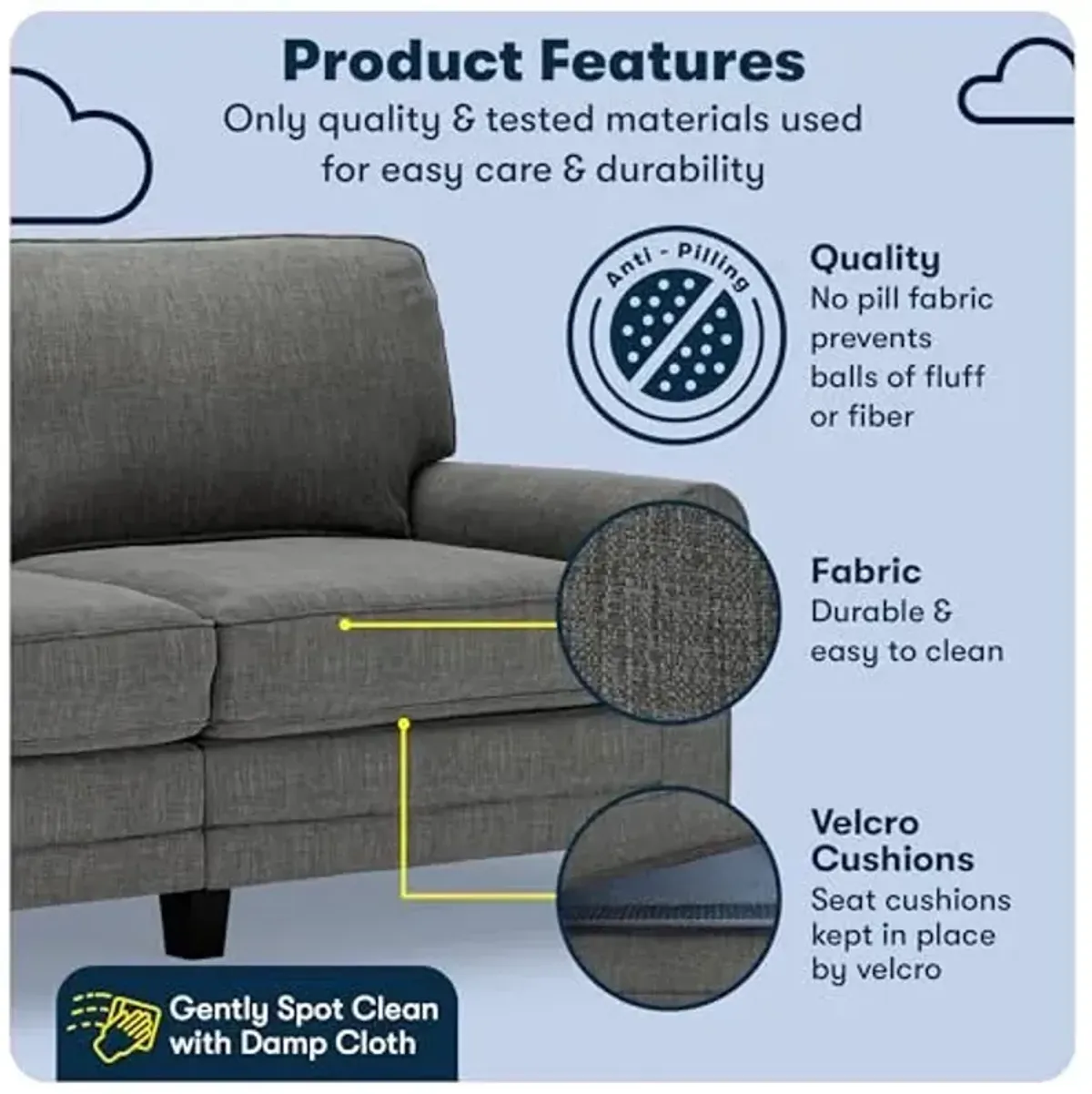 Serta Copenhagen 73" Rolled Arm Sofa, Easy Care Polyester, Soft Pillow Back, Pocket Coil Seat Cushions, Removable Covers, Loveseat or Couch for Small Spaces, Living Rooms or Bedrooms, Gray